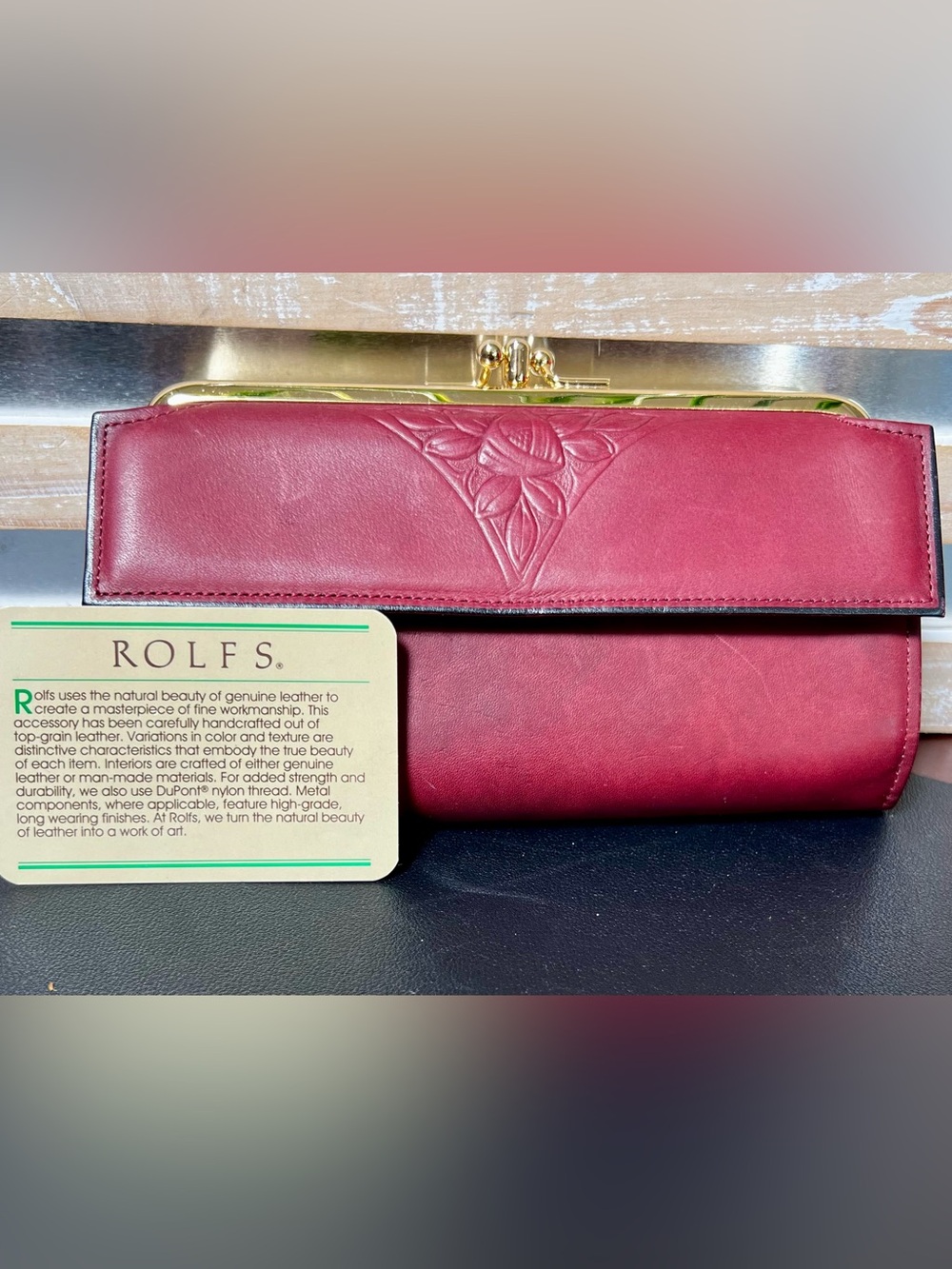 ROLFS NOS American Classic Burgundy Leather Kiss Lock Wallet Clutch Full Set VTG
